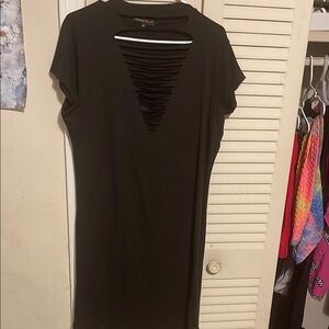 Black Ribbed V-Neck Sheath Dress Cocktail